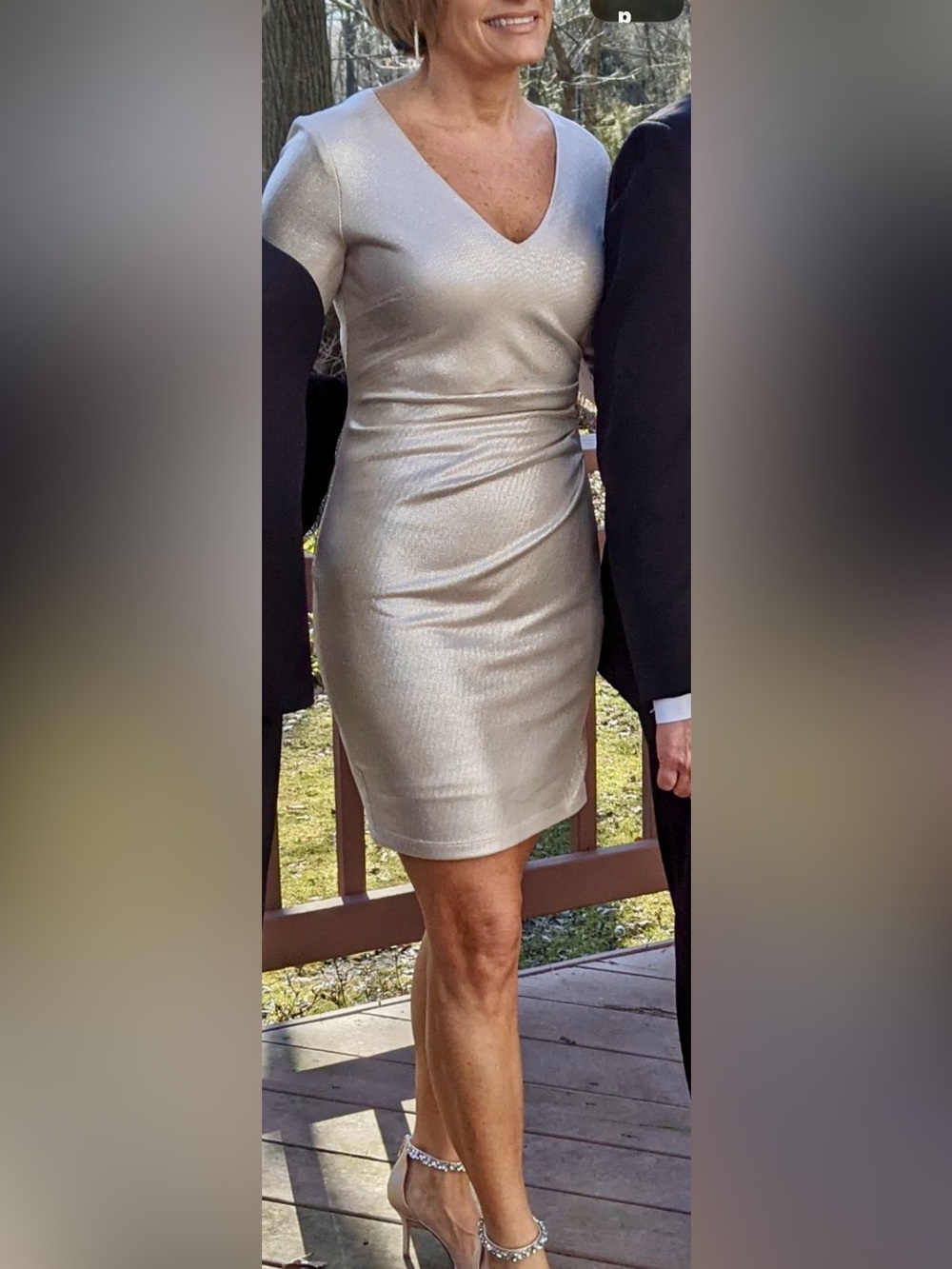 Guess Shimmery Silver V-Neck Midi Dress